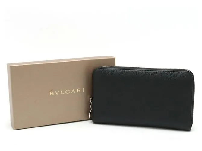 Bulgari Billetera larga redonda Bvlgari en cuero graneado Negro Azul claro 