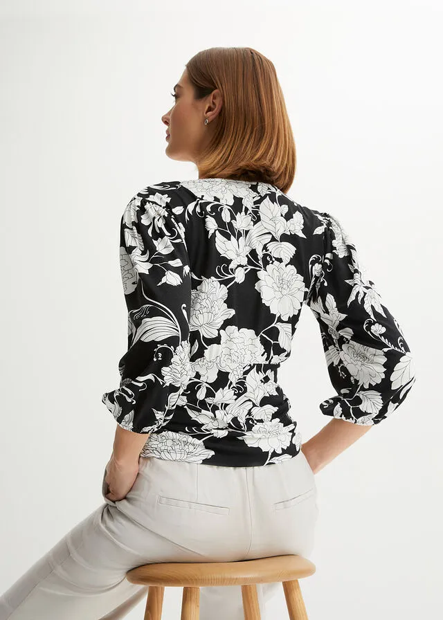 Camisa con inserto de ganchillo Negro-blanco de flores