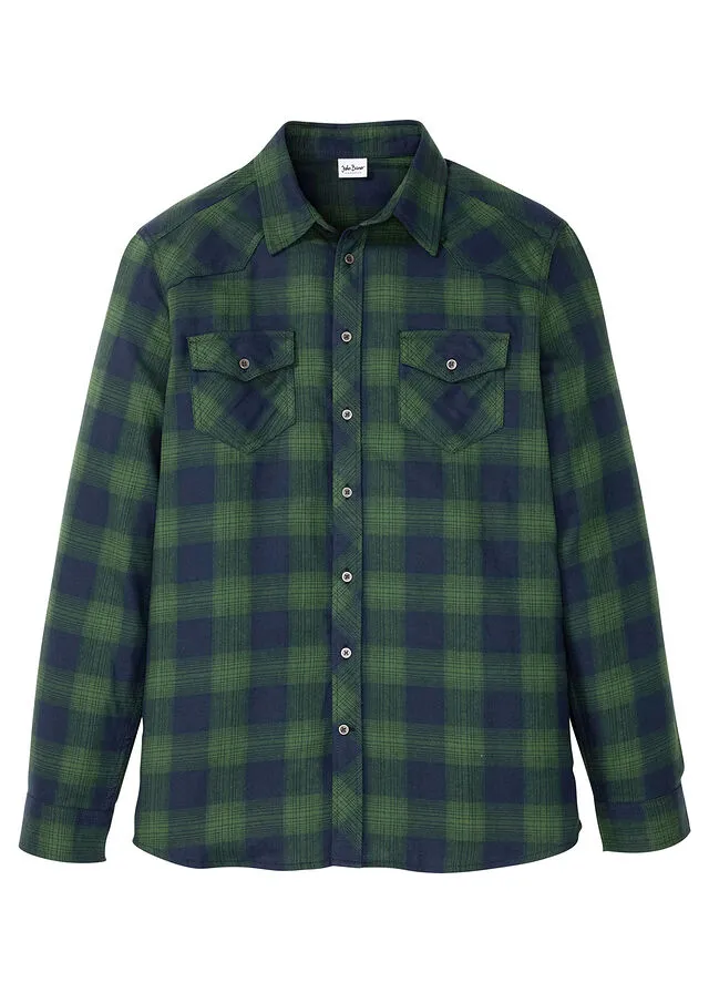 Camisa de manga larga de franela Azul oscuro-verde de cuadros