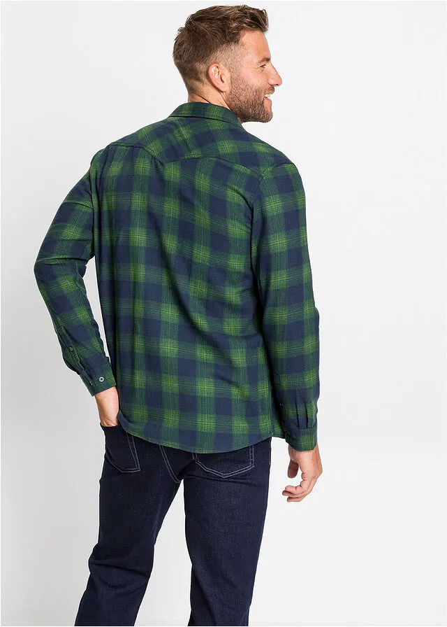 Camisa de manga larga de franela Azul oscuro-verde de cuadros