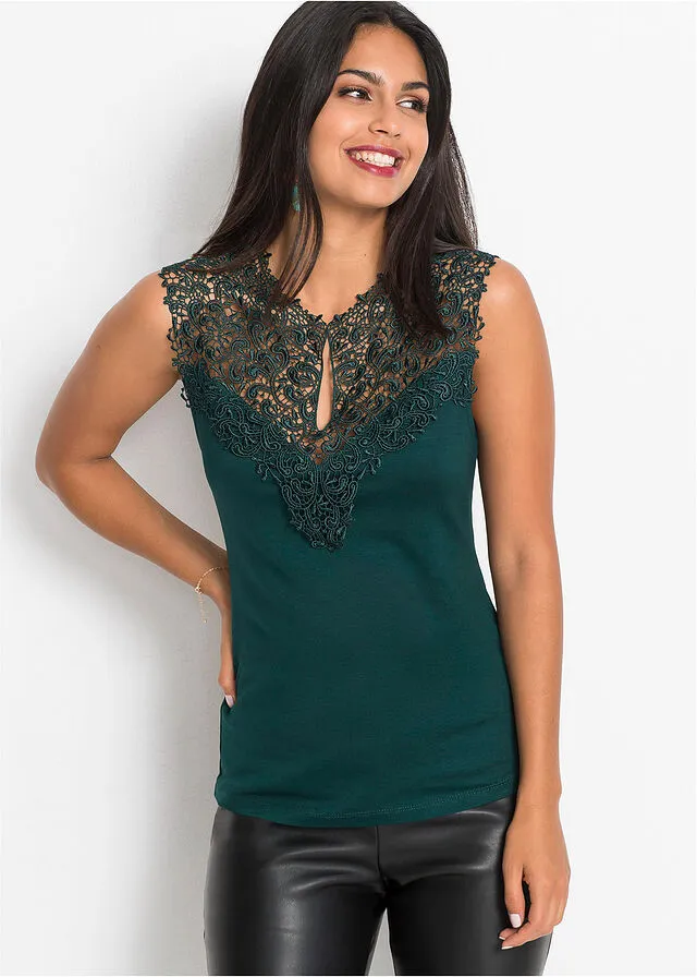 Camiseta con encaje Verde oscuro