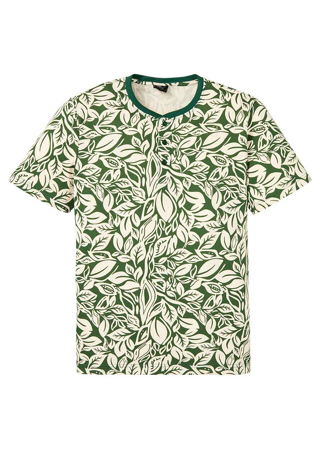 Camiseta de manga corta con cuello henley Verde oscuro estampado