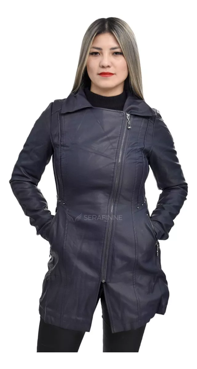 Campera Mujer Tapado Largo Elegante Ecocuero Piel Santellon