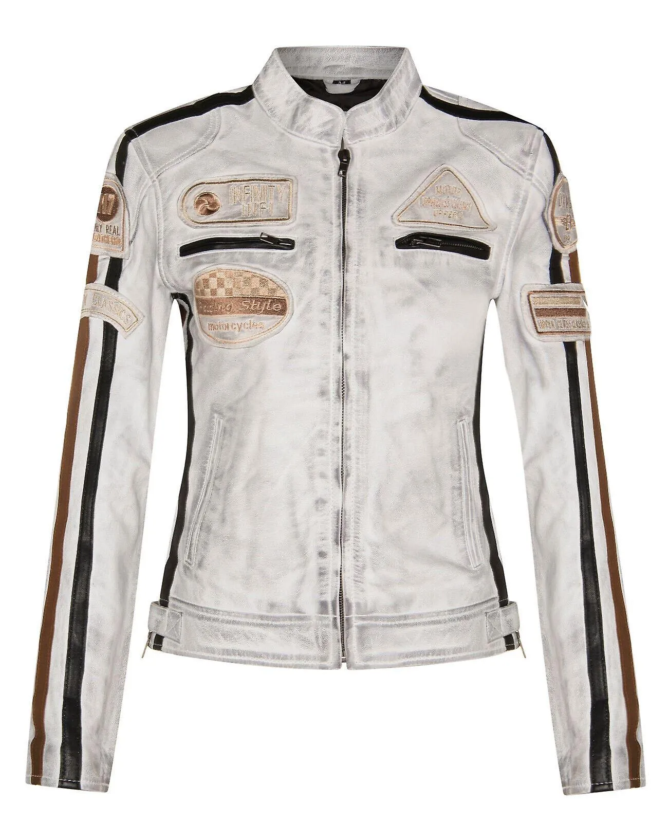 Chaqueta Biker Casual Racing Moto Badges de cuero blanco para mujer