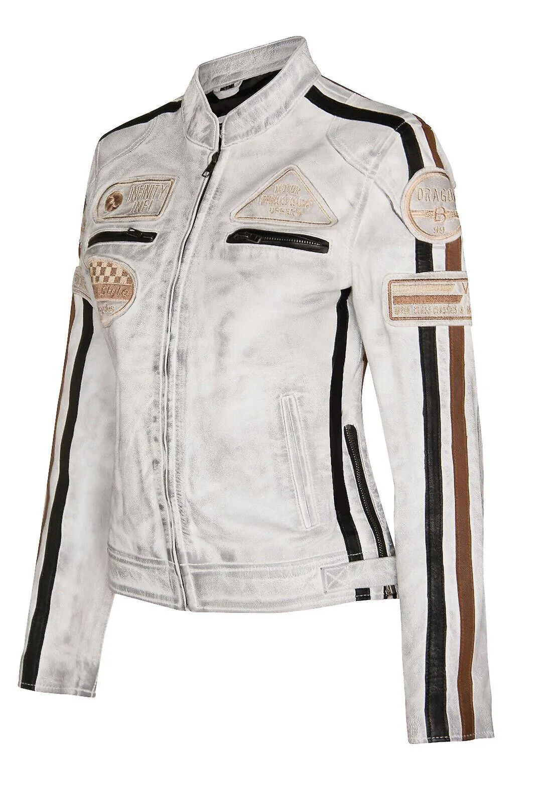 Chaqueta Biker Casual Racing Moto Badges de cuero blanco para mujer