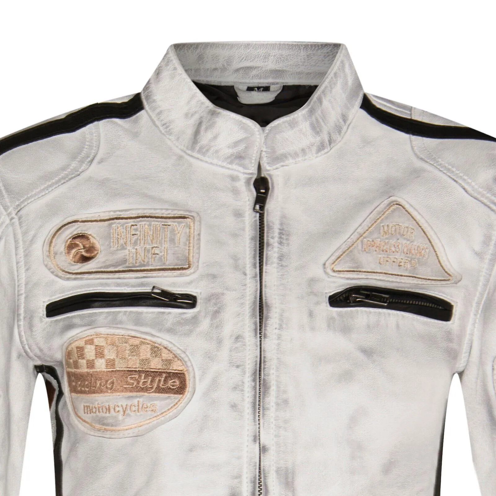 Chaqueta Biker Casual Racing Moto Badges de cuero blanco para mujer