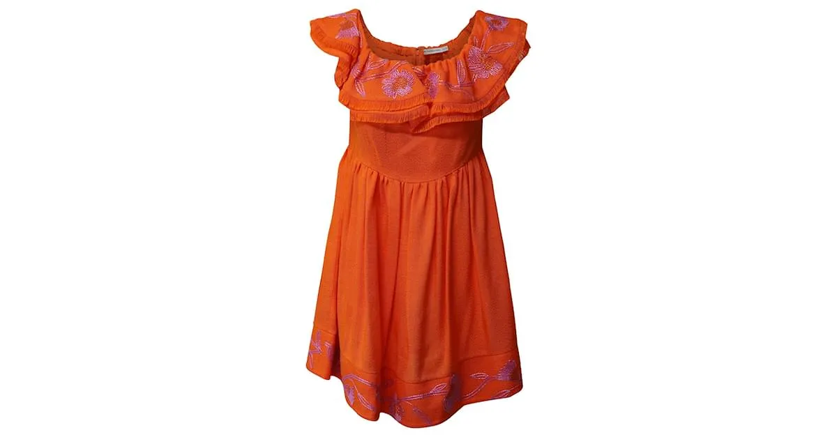 Mary Katrantzou Marietta Minivestido bordado con hombros descubiertos en viscosa naranja 