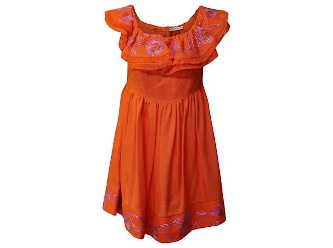 Mary Katrantzou Marietta Minivestido bordado con hombros descubiertos en viscosa naranja 