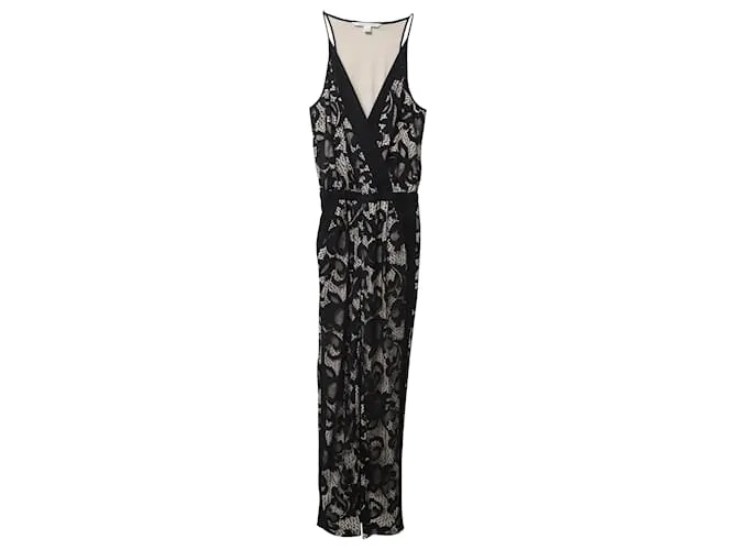 Mono largo de nailon negro con encaje floral de Diane Von Furstenberg 