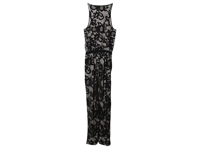 Mono largo de nailon negro con encaje floral de Diane Von Furstenberg 