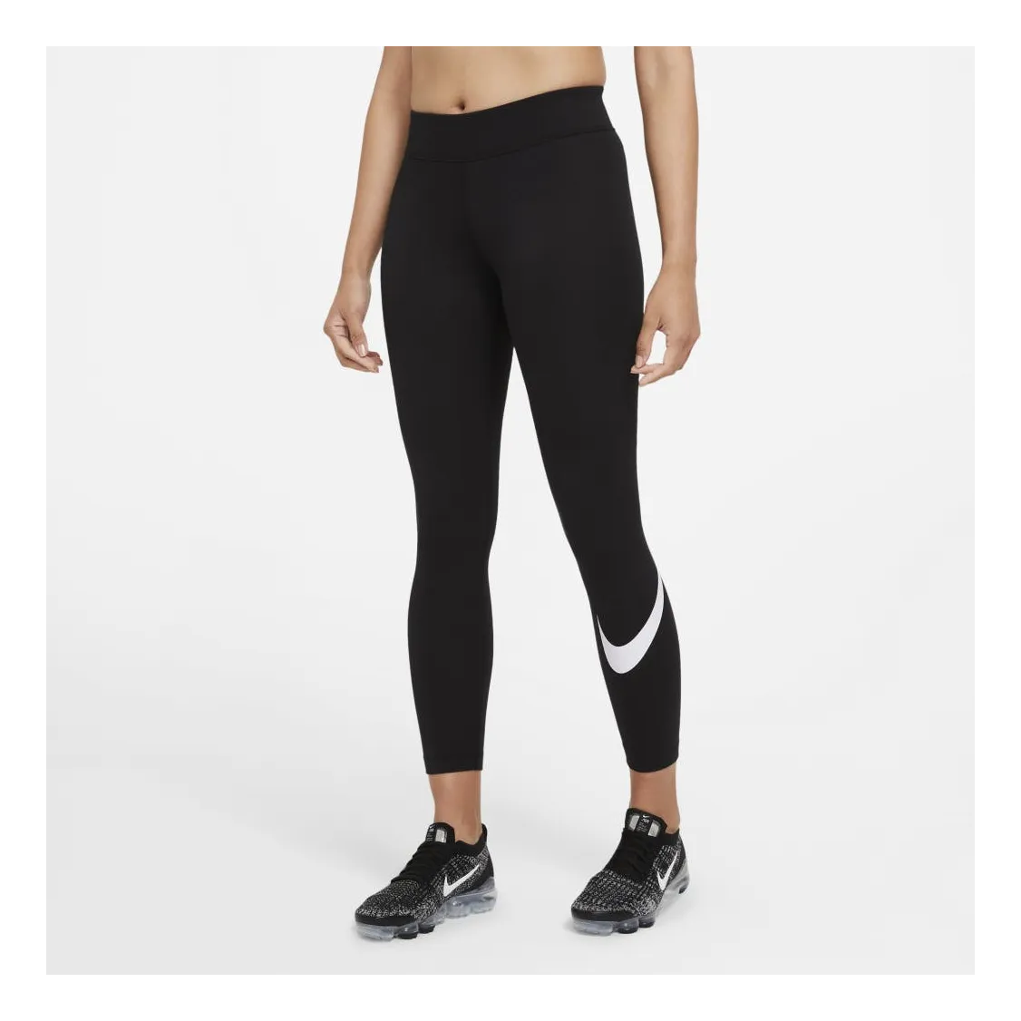 NIKE SPORTSWEAR ESSENTIAL WOMEN'S MIDRISE SWOOSH LEGGINGS (PLUS SIZE) BLACK/WHITE