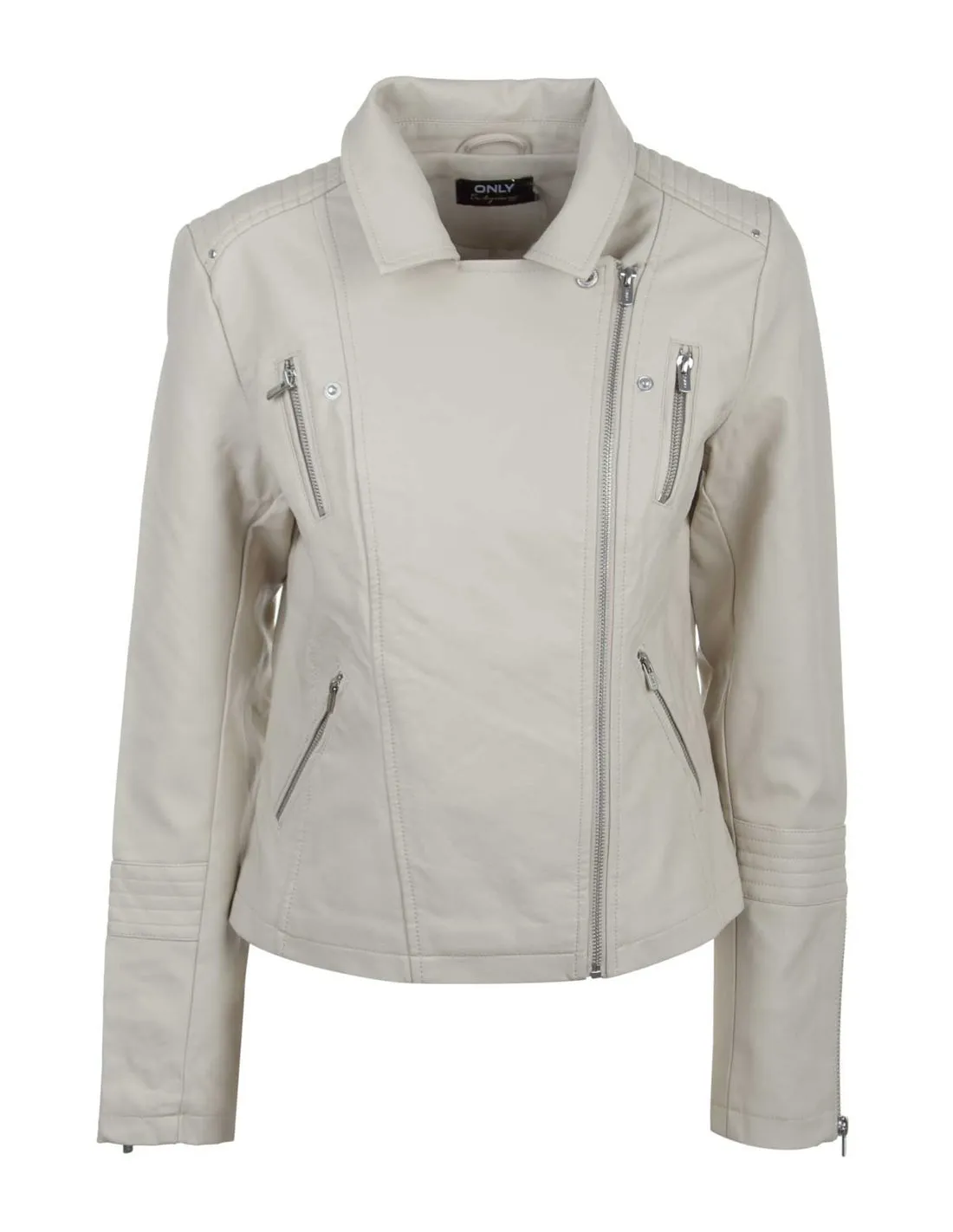 ONLY  CHAQUETA BIKER BEIGE ONLGEMMA FAUX LEAHTER MUJER