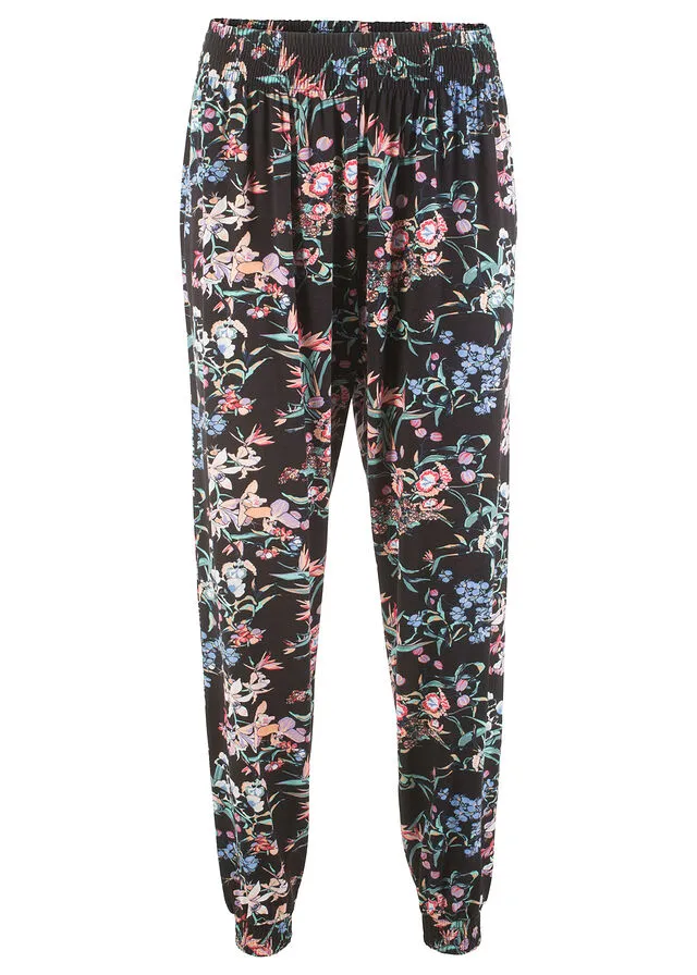 Pantalón bombacho de viscosa sostenible con cintura cómoda Negro con flores