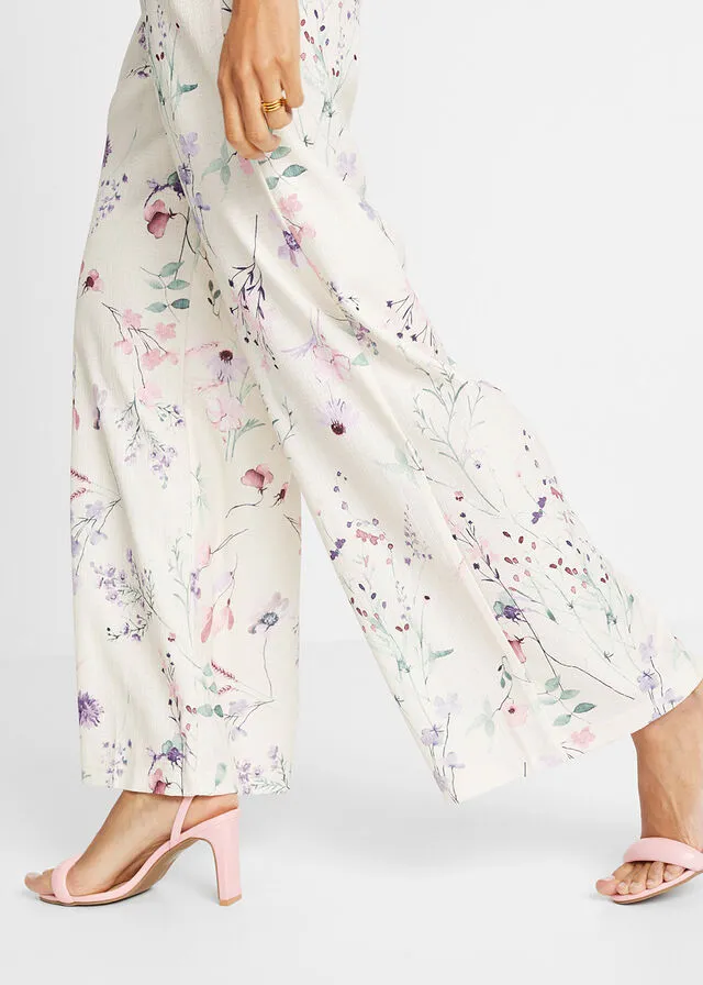 Pantalón de punto de crepé con estampado de flores Azul marino de flores