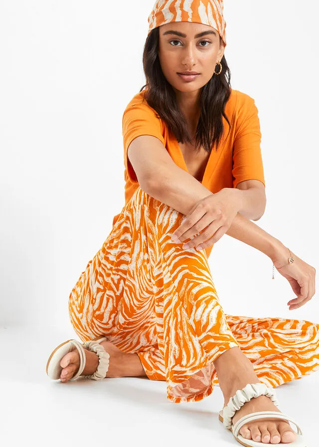 Pantalón de punto y viscosa con cintura cómoda estampado cebra marrón anaranjado/naranja oscuro