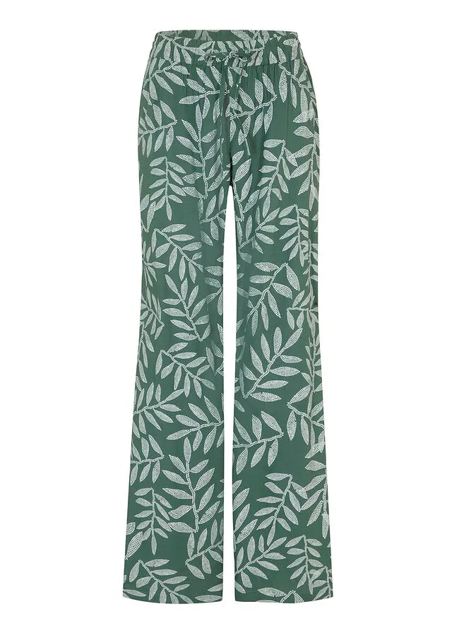 Pantalón tipo palazzo de viscosa sostenible con estampado Verde oscuro-blanco estampado