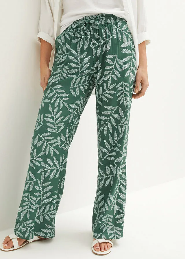 Pantalón tipo palazzo de viscosa sostenible con estampado Verde oscuro-blanco estampado