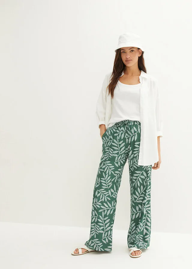 Pantalón tipo palazzo de viscosa sostenible con estampado Verde oscuro-blanco estampado