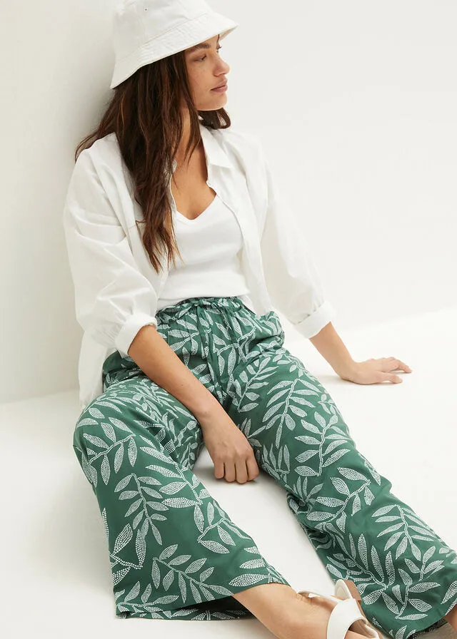 Pantalón tipo palazzo de viscosa sostenible con estampado Verde oscuro-blanco estampado