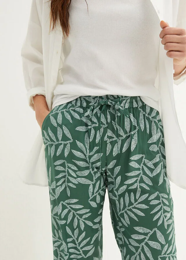 Pantalón tipo palazzo de viscosa sostenible con estampado Verde oscuro-blanco estampado