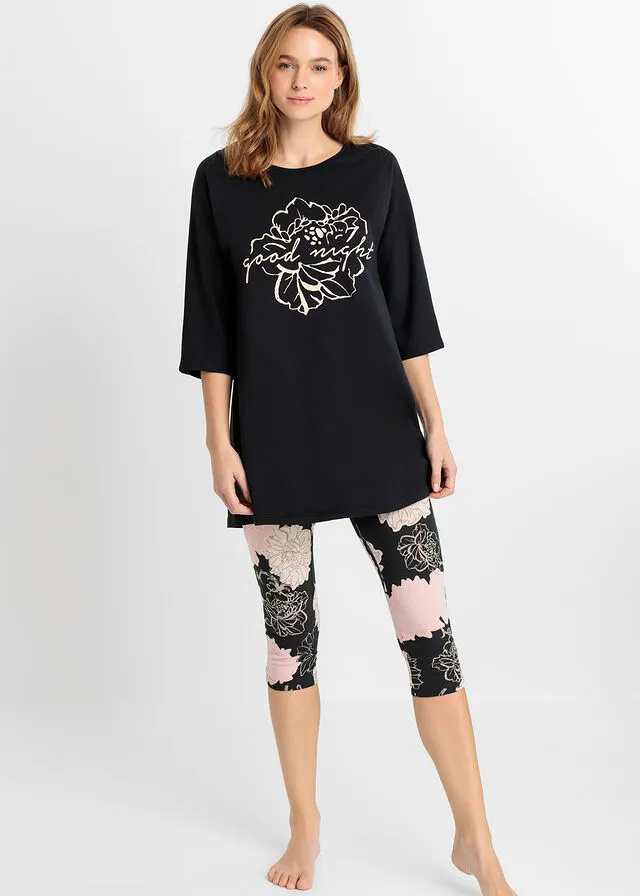 Pijama capri Negro con flores