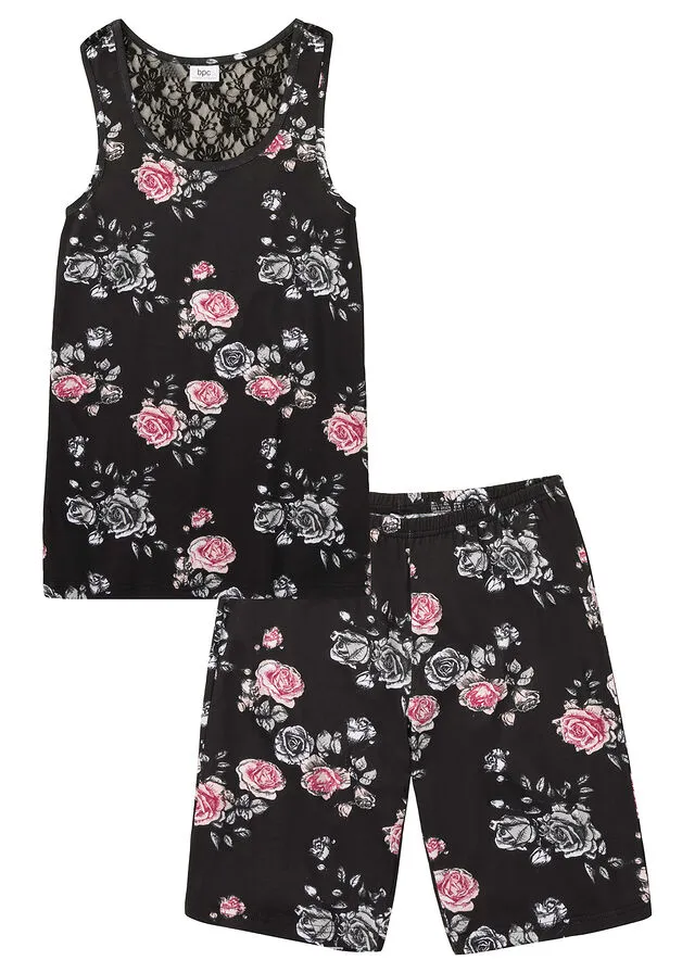 Pijama corto con encaje y pantalón tipo bermuda Negro estampado