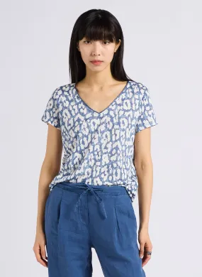 SUD EXPRESS TIZON - Camiseta recta de lino estampada con cuello de pico en azul