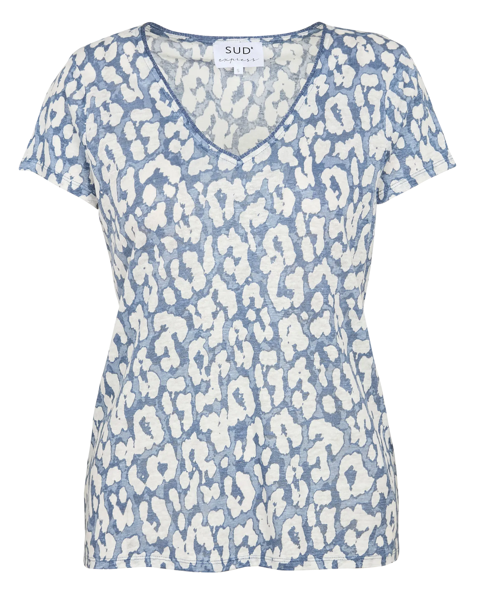 SUD EXPRESS TIZON  CAMISETA RECTA DE LINO ESTAMPADA CON CUELLO DE PICO EN AZUL