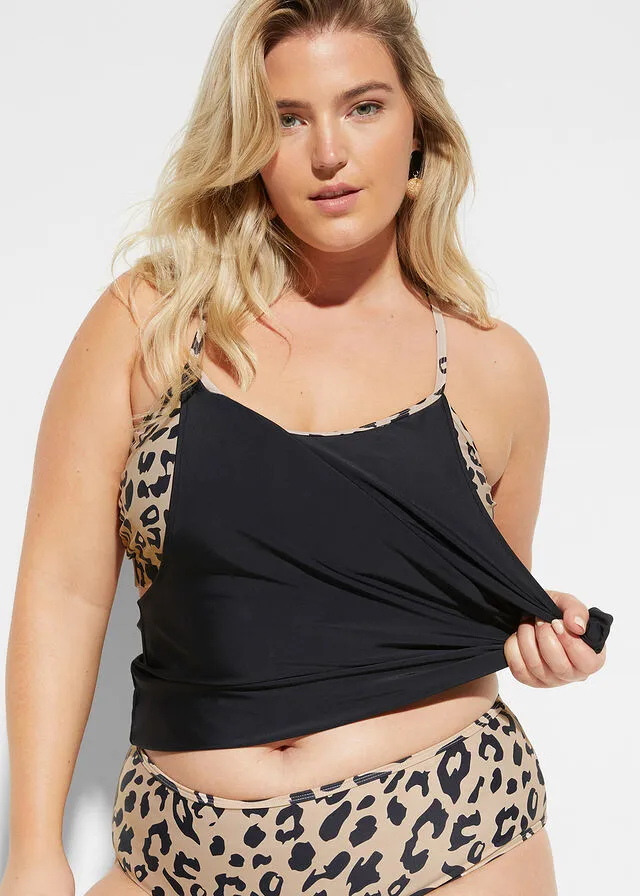 Tankini (2 piezas) Negro/marrón claro con estampado de leopardo