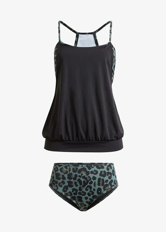 Tankini (2 piezas) Verde oliva-negro con estampado de leopardo