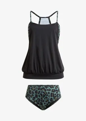 Tankini (2 piezas) Verde oliva-negro con estampado de leopardo