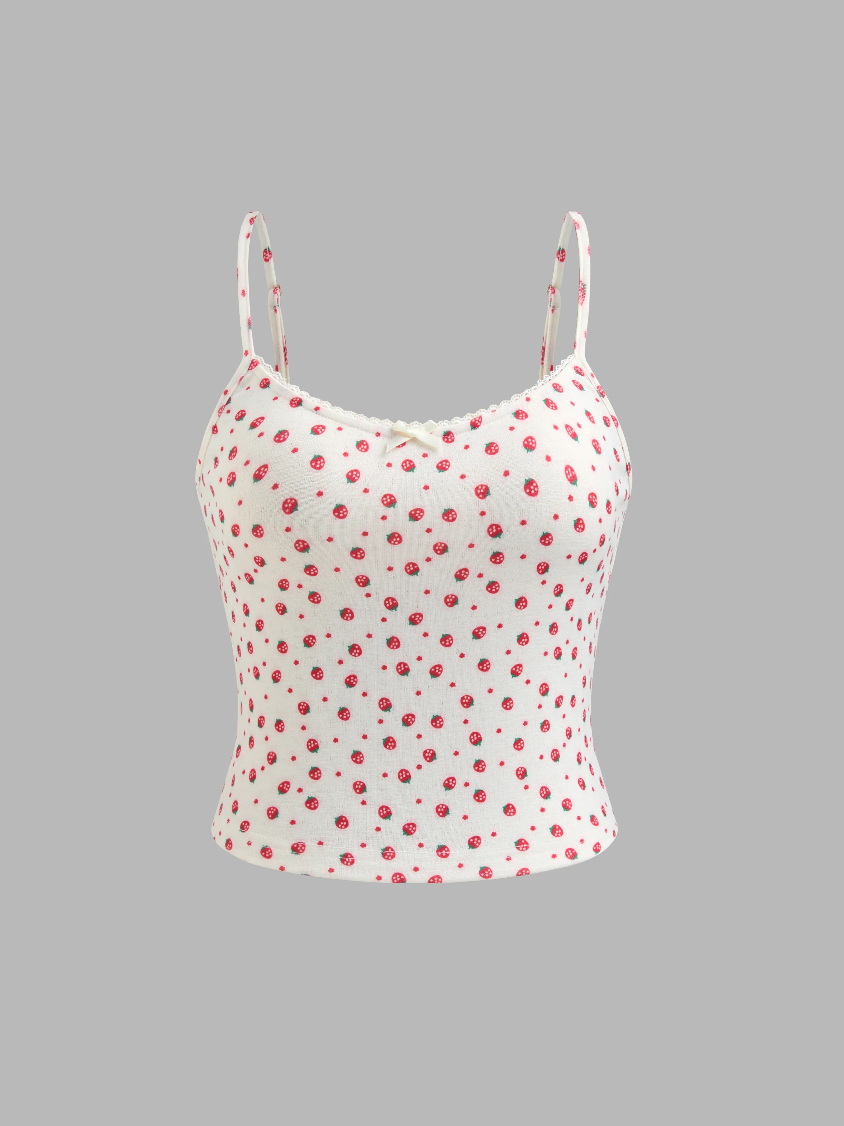 Top Cami Crop con Lazo y Gráfico de Fresa con Escote Redondo