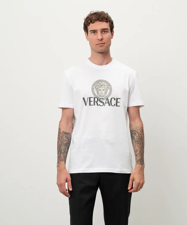 VERSACE WHITE TSHIRT WITH MEDUSA LOGO PRINT