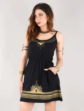 Vestido corto de tirantes con estampado Lotus Oromë, Negro