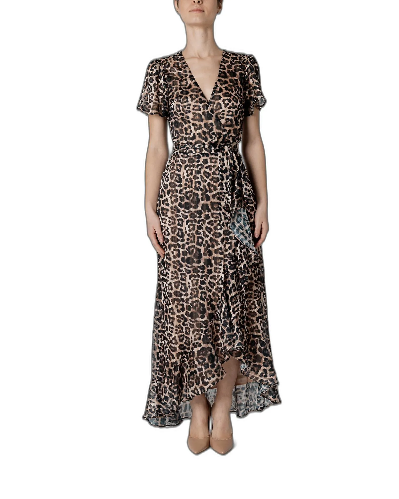 Vestido de manga corta con cuello en V con estampado de leopardo Guess