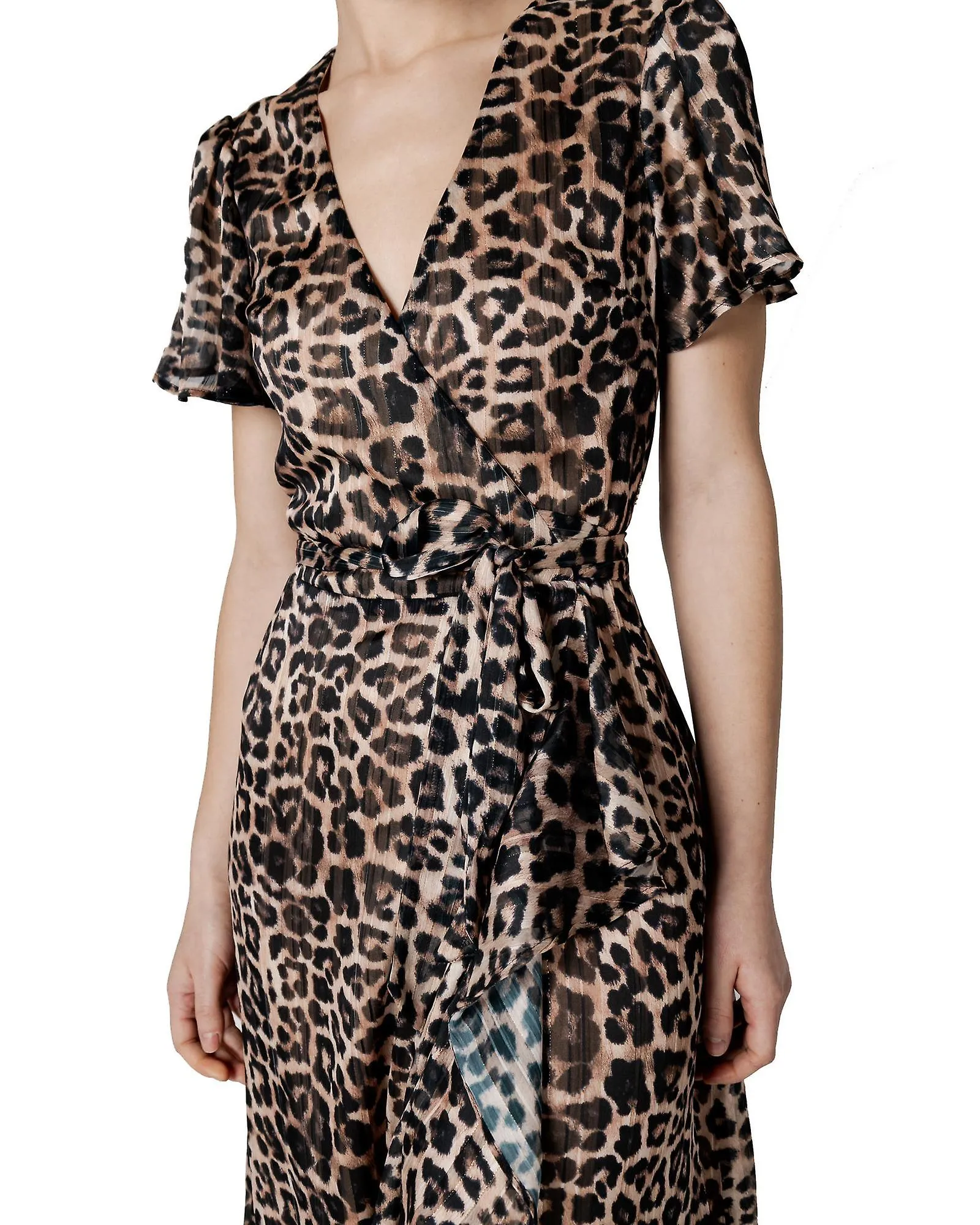 Vestido de manga corta con cuello en V con estampado de leopardo Guess