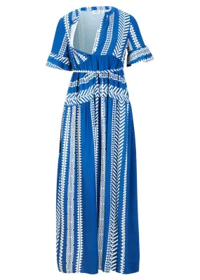 Vestido largo premamá/de lactancia Blanco-azul real con estampado gráfico